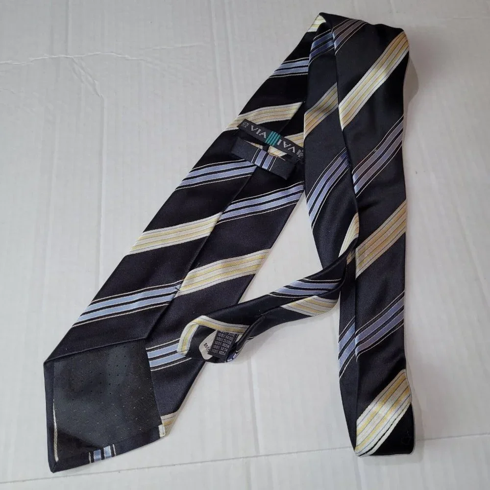 Via Vai Tie Men‎ Silk Necktie Hand Made in Italy Black Blue/Yelllow Stripes